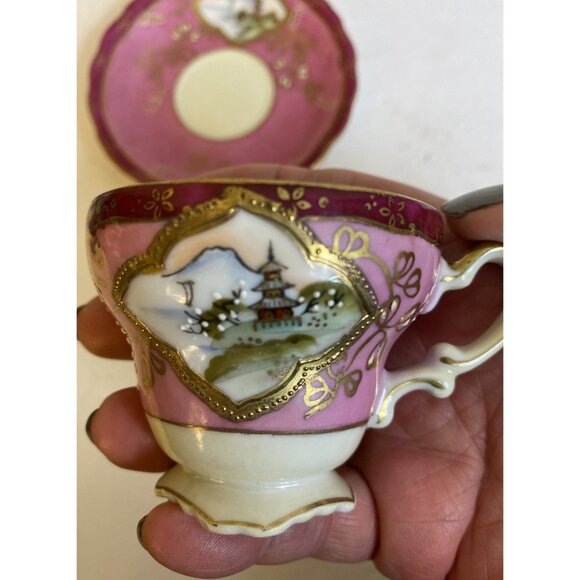 Vtg Craftsman China Hand Painted Cup and Saucer Set Japan 401 Fuji Pagoda Raised - Picture 2 of 12